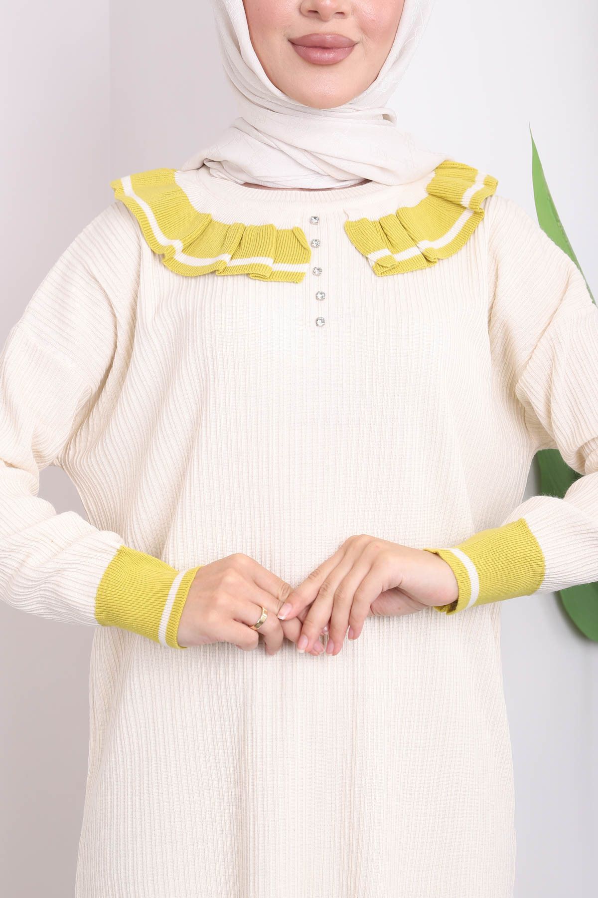 Yağ Yeşili Bebe Yaka Tunik Pantolonlu İkili Triko Takım Yağ Yeşili Bebe Yaka Tunik Pantolonlu İkili Triko Takım
