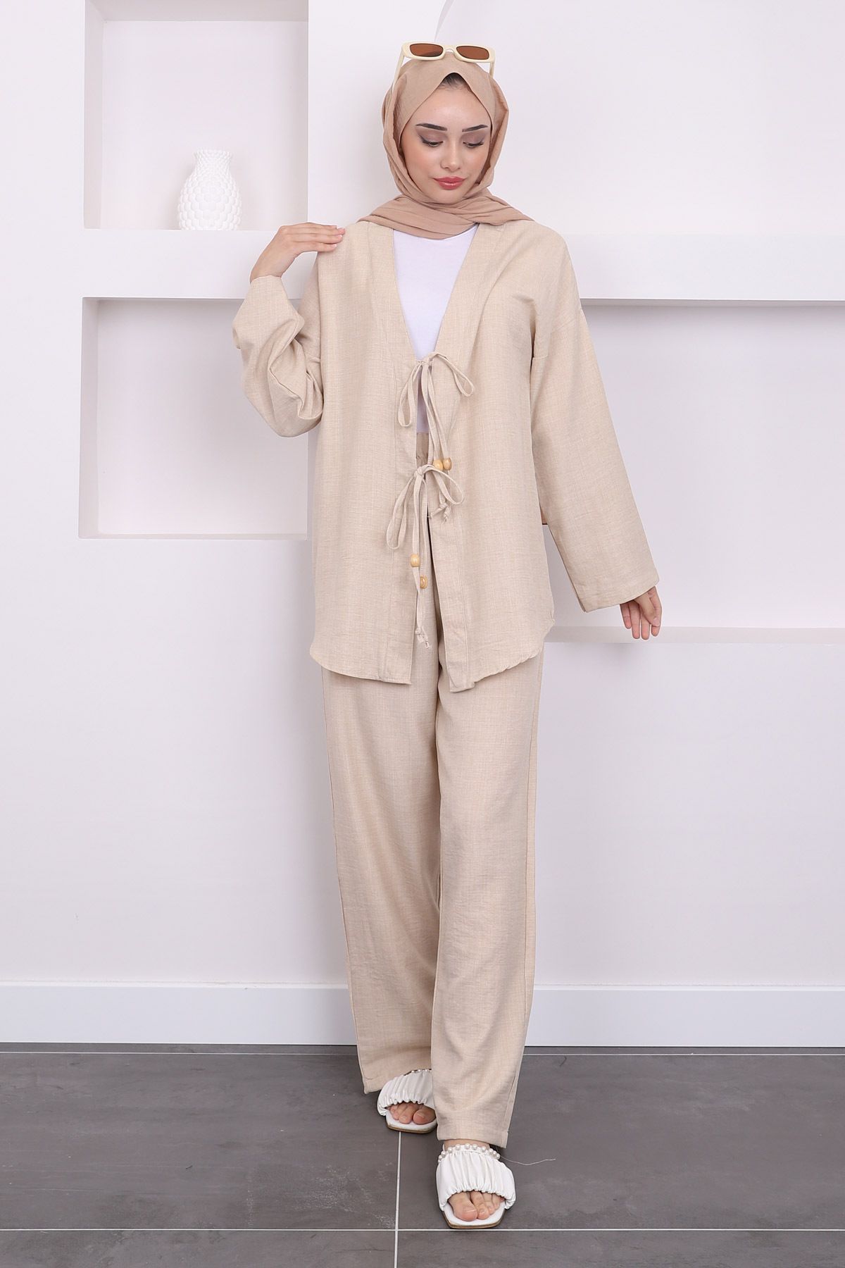 Taş Bağlamalı Keten Kimono Pantolon Takım Taş Bağlamalı Keten Kimono Pantolon Takım