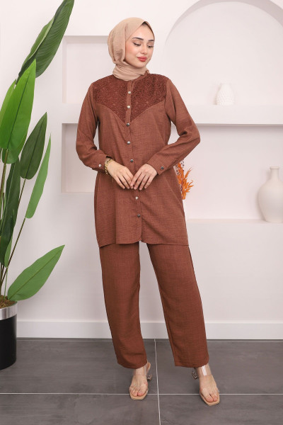 Kahve Hakim Yaka Dantelli Ayrobin Takım Kahve Hakim Yaka Dantelli Ayrobin Takım