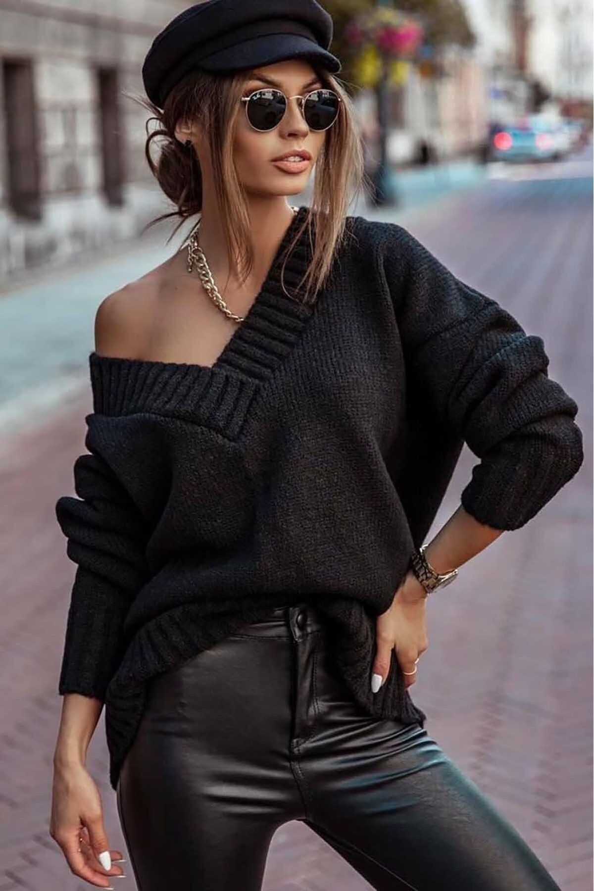 Mad Girls Siyah V Yaka Oversize Kadın Kazak Mg766 Mad Girls Siyah V Yaka Oversize Kadın Kazak Mg766
