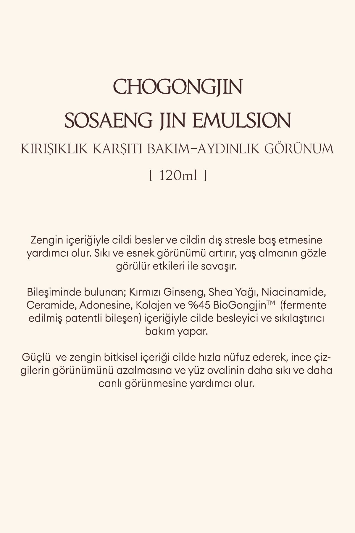 Elastikiyetini Kaybetmiş Ciltlere Bakım Sunan Emülsiyon CHOGONGJIN Sosaeng Jin Emulsion