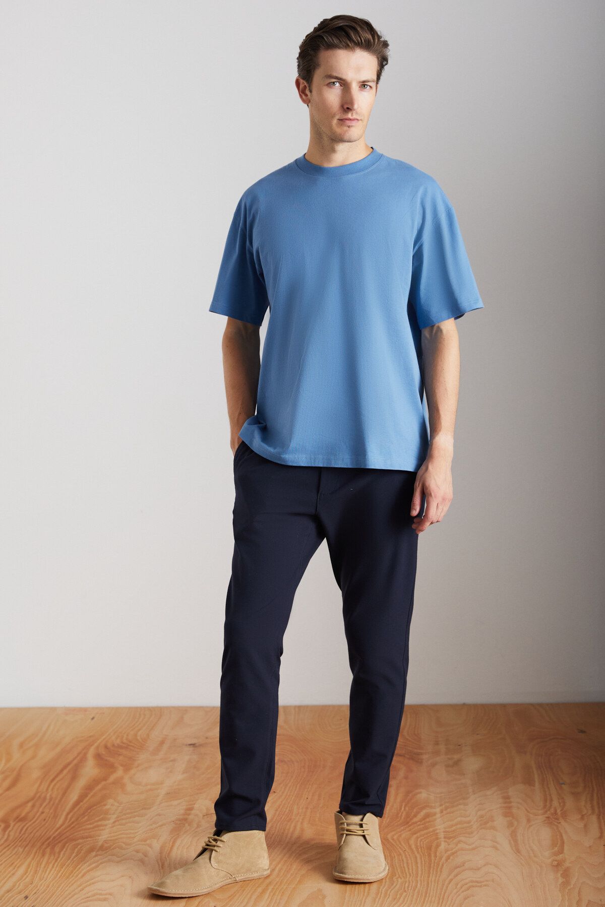 Jett Erkek %100 Organik Pamuklu Kalın Dokulu Oversize Fit Bisiklet Yaka Indigo T-shirt