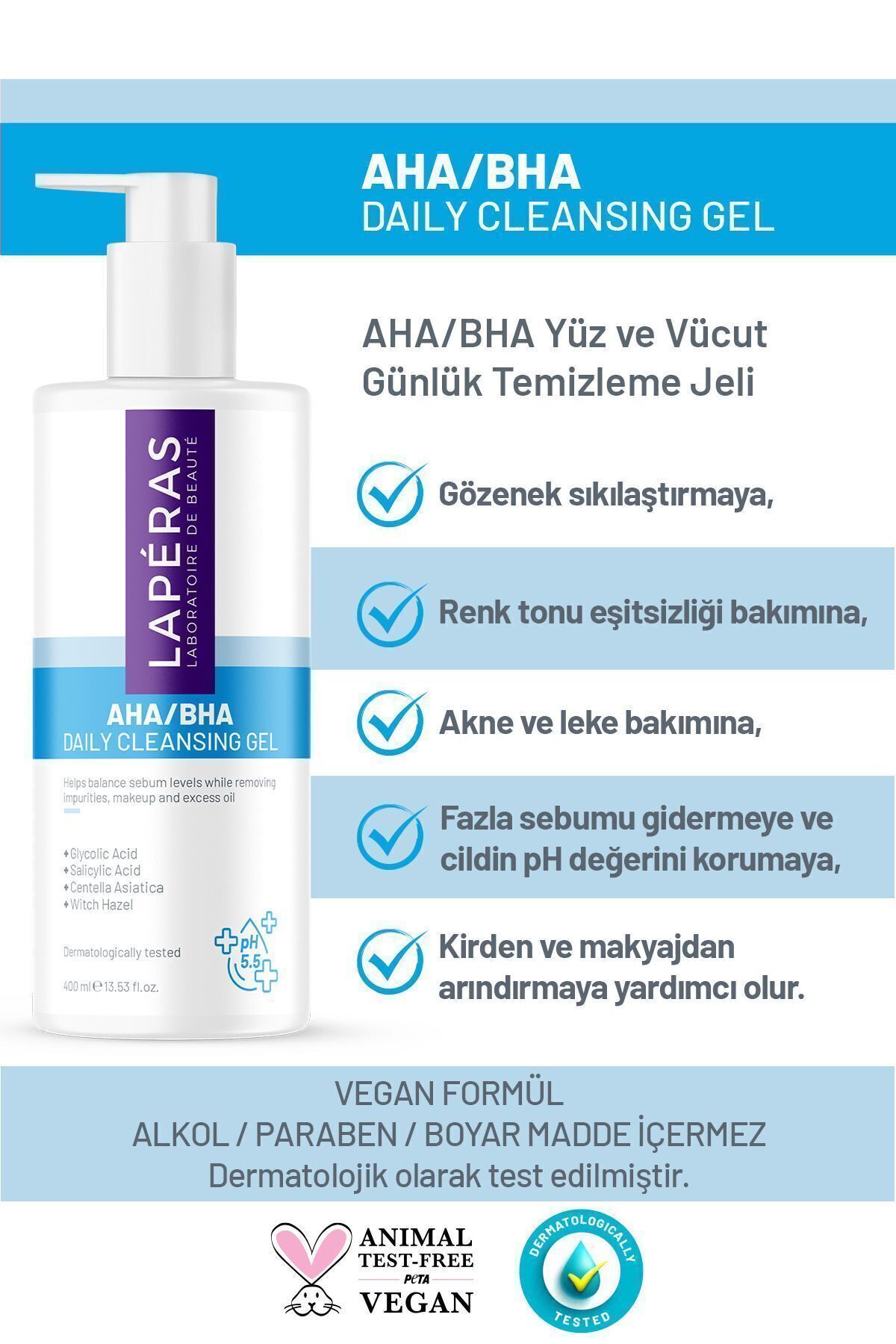 Sivilce Karşıtı Salisilik Asit Aha/bha Cadı Fındığı Yüz Vücut Vegan Temizleme Jeli 400ml