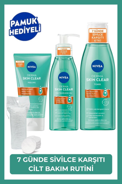 Derma Skin Clear Sivilce Karşıtı Yüz Temizleme Jeli 150ml,Tonik 200ml,Peeling 150ml,Yağlı Cilt,Pamuk Derma Skin Clear Sivilce Karşıtı Yüz Temizleme Jeli 150ml,Tonik 200ml,Peeling 150ml,Yağlı Cilt,Pamuk