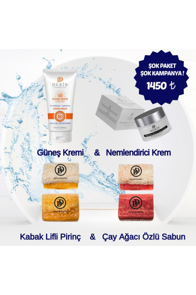 Derin Cosmetics 4'lü Paket (Güneş Kremi, Nemlendirici Krem, Pirinçli Sabun, Çay Ağaçlı Sabun) Derin Cosmetics 4'lü Paket (Güneş Kremi, Nemlendirici Krem, Pirinçli Sabun, Çay Ağaçlı Sabun)
