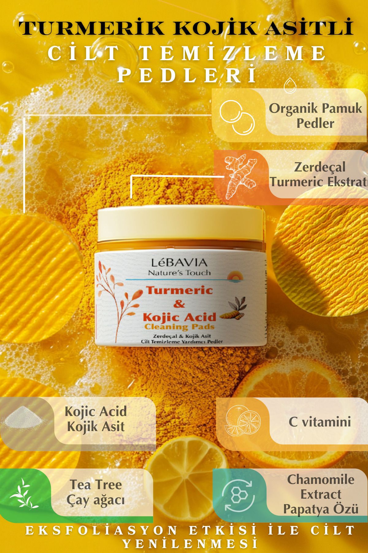 Derinlemesine Yüz Temizleyici Tonik Ped Turmeric Kojik Asit C Vitamini Cilt Serum