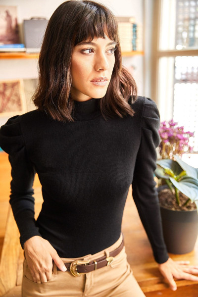 Kadın Siyah Prenses Kol Likralı Bluz BLZ-19001595