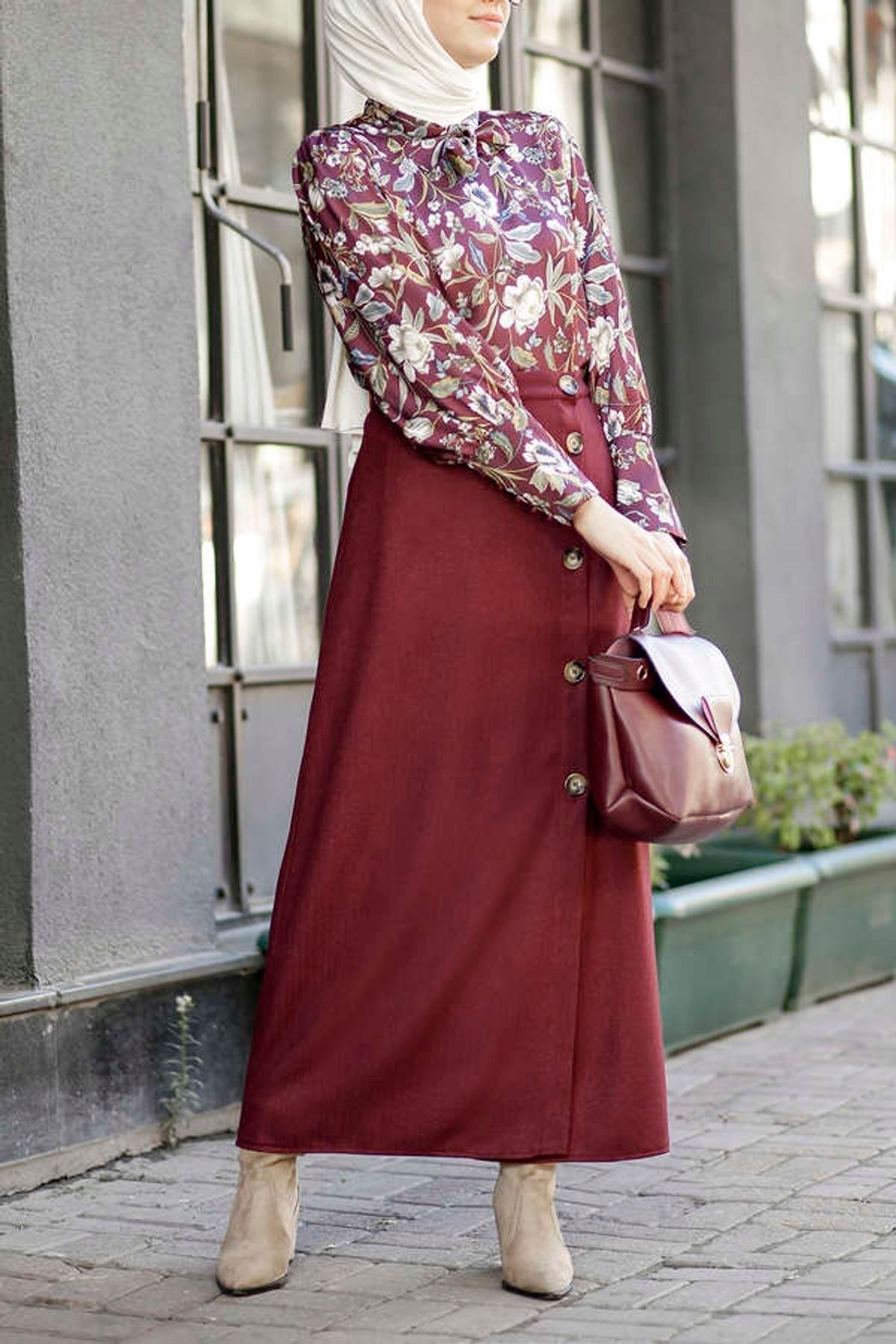 Yandan Düğmeli Etek Bordo