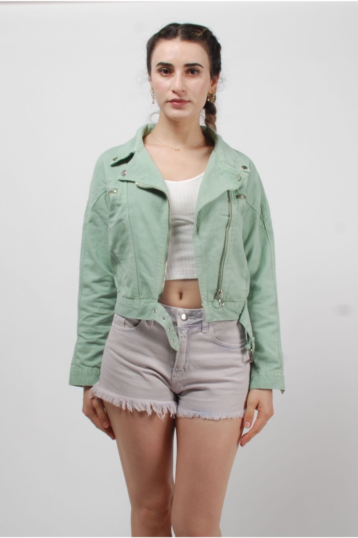 Mint Rengi Kemerli Motorcu Biker Fermuarlı Kot Ceket Mint Rengi Kemerli Motorcu Biker Fermuarlı Kot Ceket