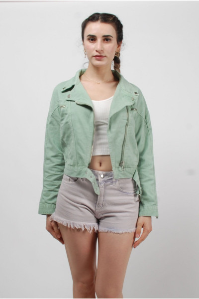 Mint Rengi Kemerli Motorcu Biker Fermuarlı Kot Ceket Mint Rengi Kemerli Motorcu Biker Fermuarlı Kot Ceket
