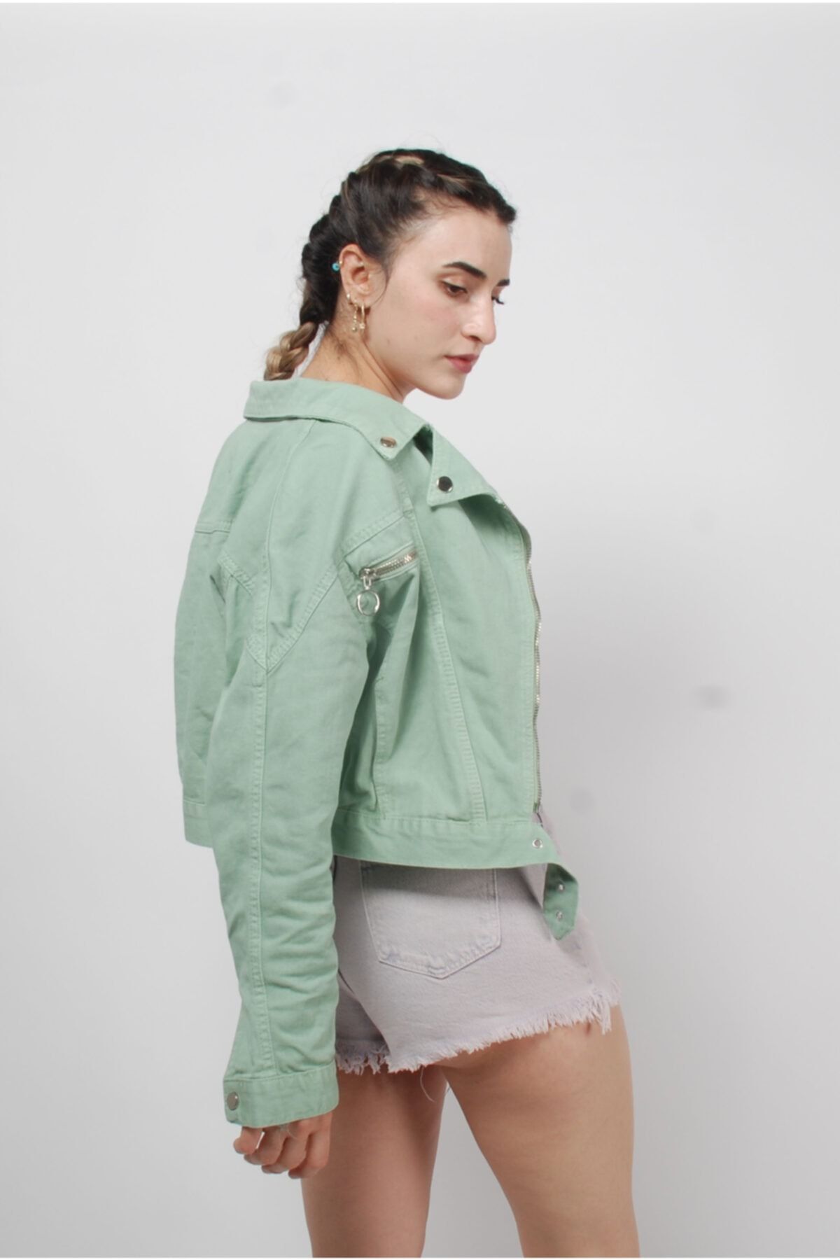 Mint Rengi Kemerli Motorcu Biker Fermuarlı Kot Ceket Mint Rengi Kemerli Motorcu Biker Fermuarlı Kot Ceket