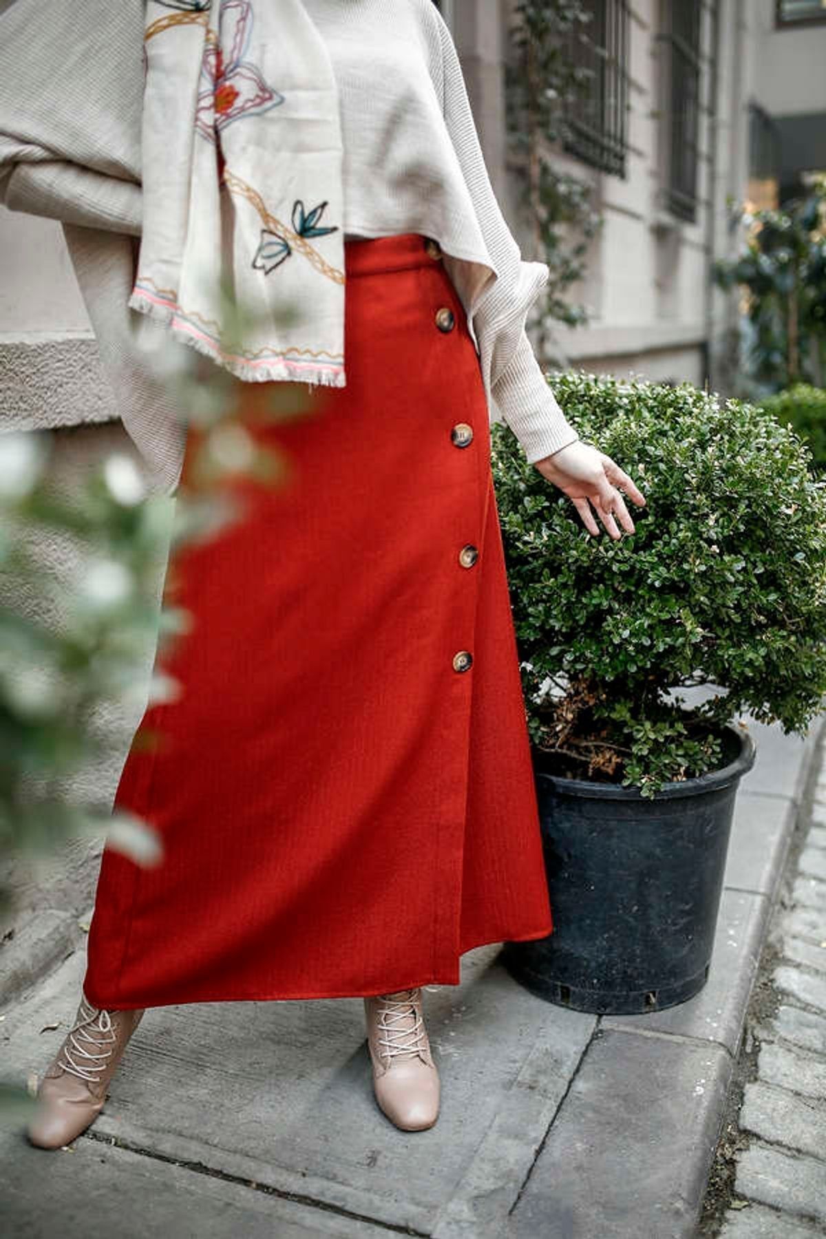 Yandan Düğmeli Etek - Kiremit