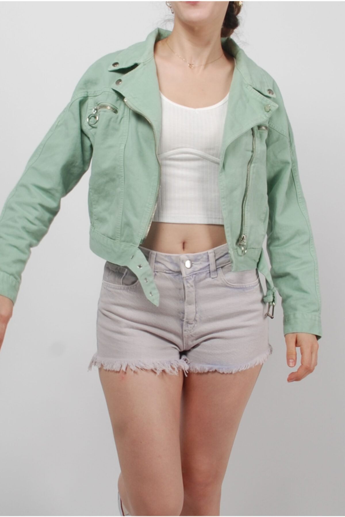 Mint Rengi Kemerli Motorcu Biker Fermuarlı Kot Ceket Mint Rengi Kemerli Motorcu Biker Fermuarlı Kot Ceket