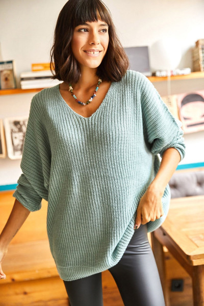 V Yaka Selanik Örgü Oversize Triko Kazak V Yaka Selanik Örgü Oversize Triko Kazak