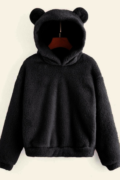 Kadın Siyah Peluş Düşük Omuz Teddy Kulaklı Kapüşonlu Sweatshirt Kadın Siyah Peluş Düşük Omuz Teddy Kulaklı Kapüşonlu Sweatshirt