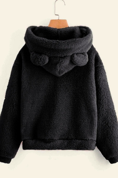 Kadın Siyah Peluş Düşük Omuz Teddy Kulaklı Kapüşonlu Sweatshirt Kadın Siyah Peluş Düşük Omuz Teddy Kulaklı Kapüşonlu Sweatshirt