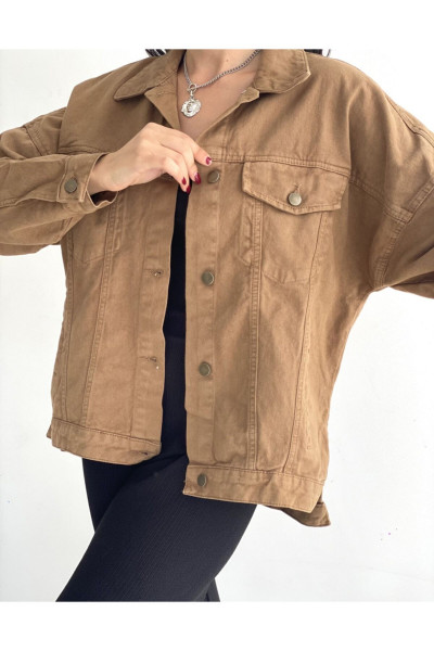 Taba Rengi Yırtmaçlı Oversize Kot Ceket Taba Rengi Yırtmaçlı Oversize Kot Ceket