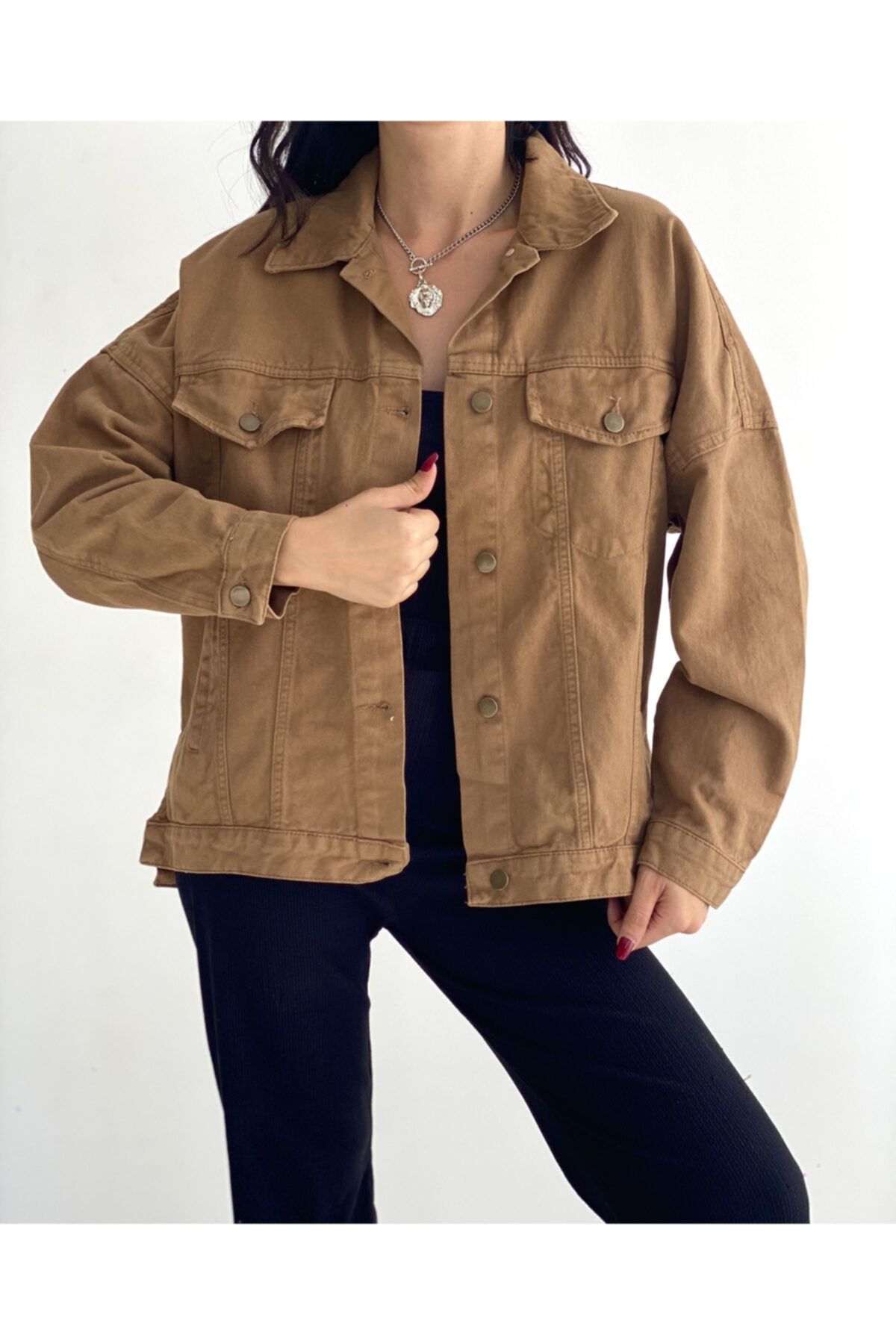 Taba Rengi Yırtmaçlı Oversize Kot Ceket Taba Rengi Yırtmaçlı Oversize Kot Ceket