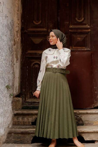 Kemerli Piliseli Etek - Haki Kemerli Piliseli Etek - Haki