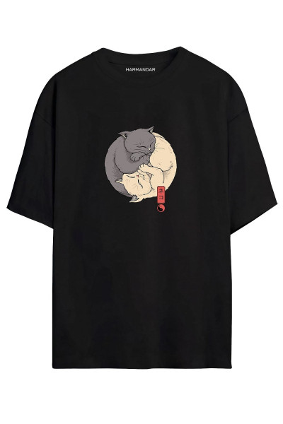 Ying Yang Kedi Baskılı Unisex Siyah Oversize T-shirt Ying Yang Kedi Baskılı Unisex Siyah Oversize T-shirt
