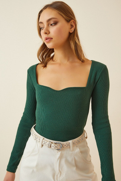 Kadın Yeşil Kalp Yaka Fitilli Örme Bluz GT00100