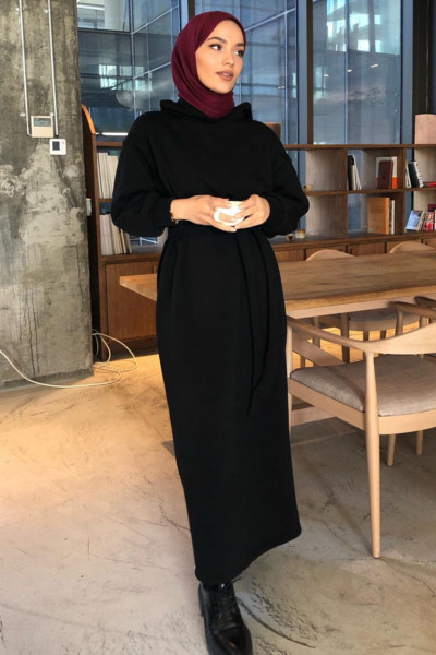 Siyah Kapuşonlu 3 Iplik Sweat Elbise Siyah Kapuşonlu 3 Iplik Sweat Elbise