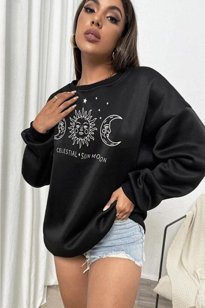 LUNAVISITA Blackjackgiyim Kadın Oversize Güneş Ve Ay Baskılı Sweatshirt LUNAVISITA Blackjackgiyim Kadın Oversize Güneş Ve Ay Baskılı Sweatshirt