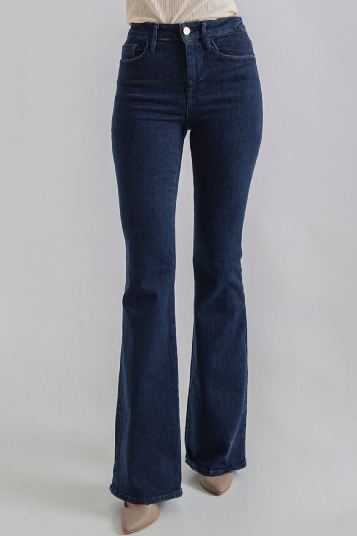 Koyu Mavi Ispanyol Paça Kot Pantolon Yüksek Bel Ispanyol Jeans Toparlayıcı Koyu Mavi Ispanyol Paça Kot Pantolon Yüksek Bel Ispanyol Jeans Toparlayıcı