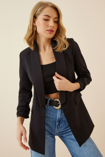 Kadın Siyah Büzgü Detaylı Boyfriend Blazer Ceket RV00021 Kadın Siyah Büzgü Detaylı Boyfriend Blazer Ceket RV00021