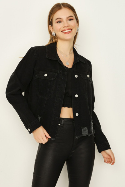 Kadın Siyah Düğmeli Etek Ucu Püsküllü Crop Denim Ceket Kadın Siyah Düğmeli Etek Ucu Püsküllü Crop Denim Ceket