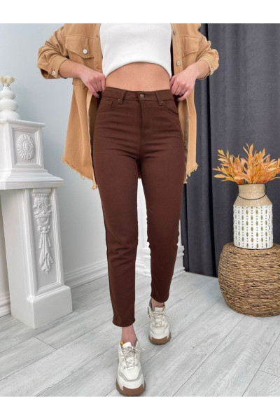 Kahve Likralı Mom Jean Pantolon