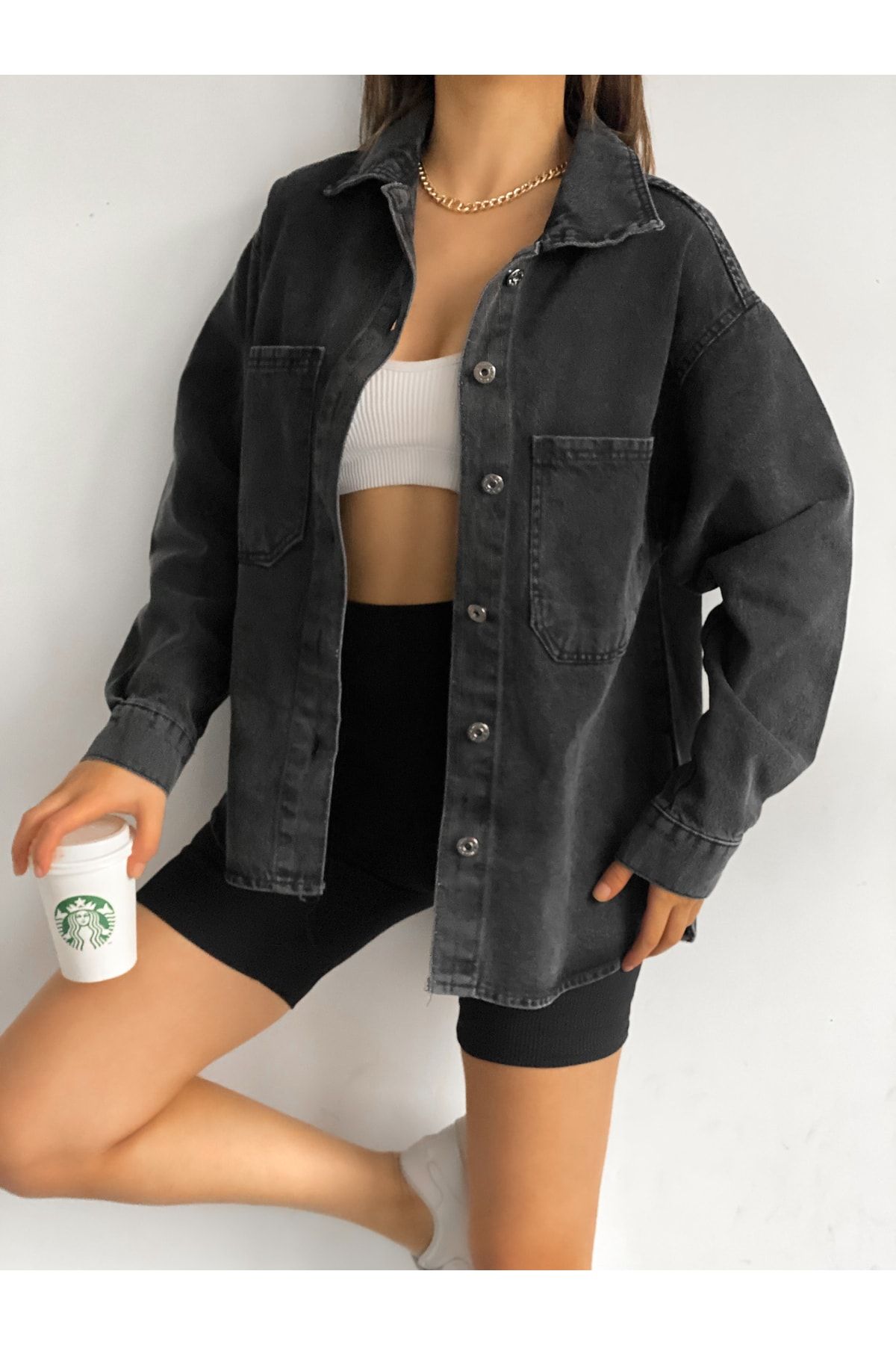 Kadın Oversize Uzun Kollu Çift Cepli Ceket Gömlek Antrasit Kadın Oversize Uzun Kollu Çift Cepli Ceket Gömlek Antrasit