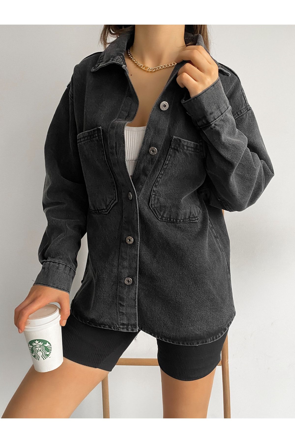 Kadın Oversize Uzun Kollu Çift Cepli Ceket Gömlek Antrasit Kadın Oversize Uzun Kollu Çift Cepli Ceket Gömlek Antrasit
