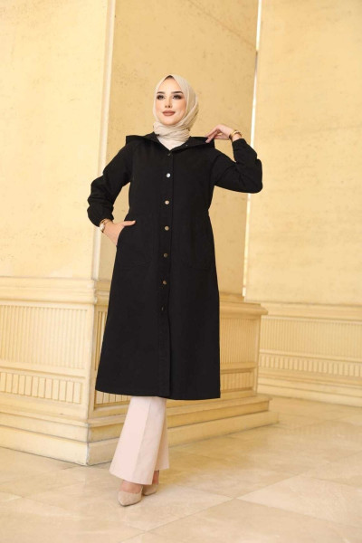 Kadın Trençkot Kolu Lastikli Kapüşonlu Kot Model Kap Kadın Trençkot Kolu Lastikli Kapüşonlu Kot Model Kap