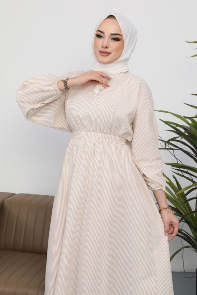 Yarasa Kol Çizgi Desen Kuşaklı Gofre Tesettür Elbise 225 - Vizon