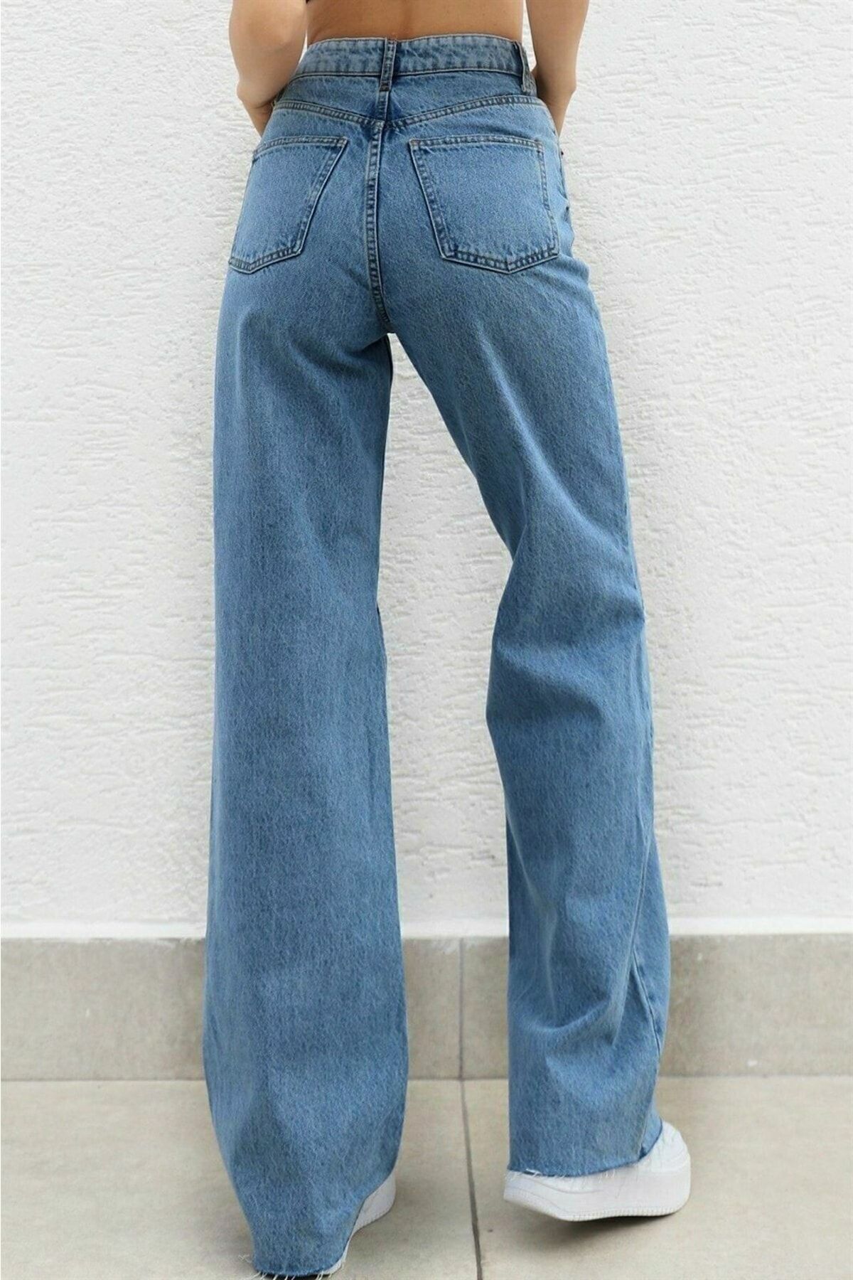 Likralı Kadın Mavi Süper Yüksek Bel Salaş Paça Denim Kot Palazzo Pantolon Likralı Kadın Mavi Süper Yüksek Bel Salaş Paça Denim Kot Palazzo Pantolon