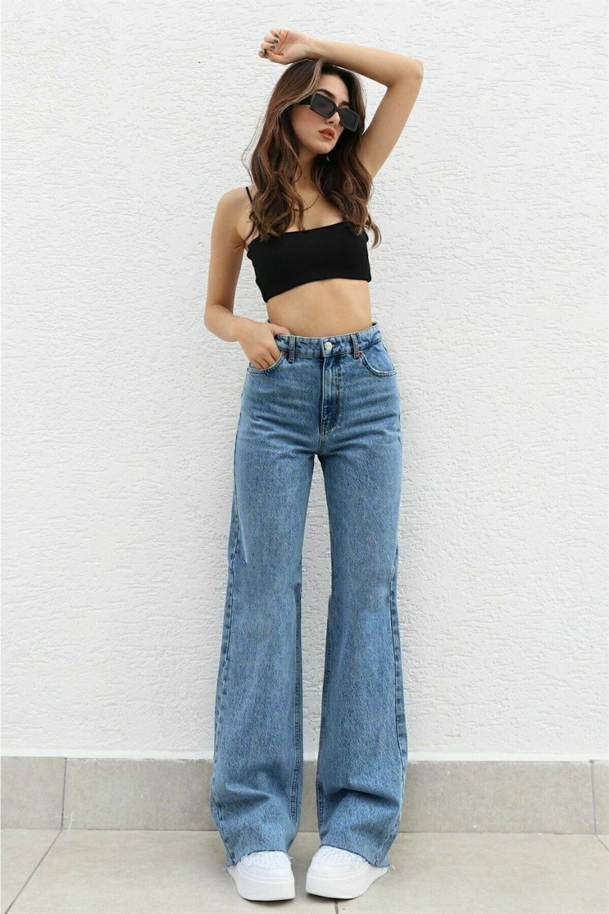 Likralı Kadın Mavi Süper Yüksek Bel Salaş Paça Denim Kot Palazzo Pantolon Likralı Kadın Mavi Süper Yüksek Bel Salaş Paça Denim Kot Palazzo Pantolon