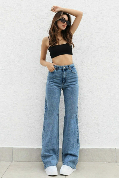 Likralı Kadın Mavi Süper Yüksek Bel Salaş Paça Denim Kot Palazzo Pantolon Likralı Kadın Mavi Süper Yüksek Bel Salaş Paça Denim Kot Palazzo Pantolon