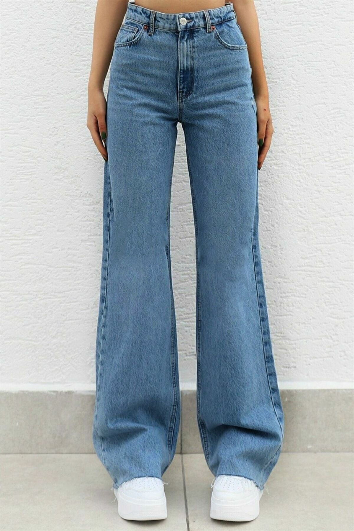 Likralı Kadın Mavi Süper Yüksek Bel Salaş Paça Denim Kot Palazzo Pantolon Likralı Kadın Mavi Süper Yüksek Bel Salaş Paça Denim Kot Palazzo Pantolon