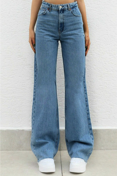 Likralı Kadın Mavi Süper Yüksek Bel Salaş Paça Denim Kot Palazzo Pantolon Likralı Kadın Mavi Süper Yüksek Bel Salaş Paça Denim Kot Palazzo Pantolon