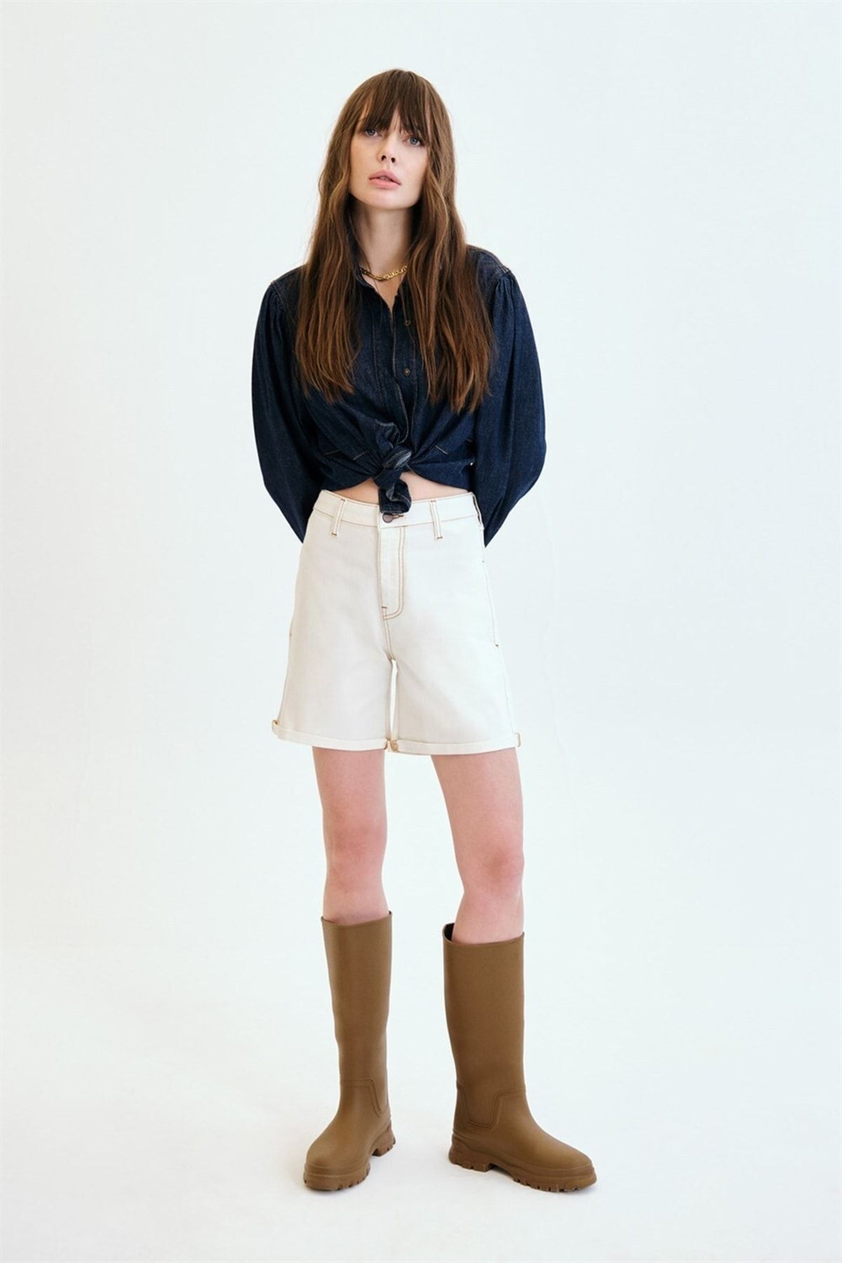 Rahat/Relaxed Fit Balon Kol Rinse Koyu İndigo Kadın Jean Gömlek