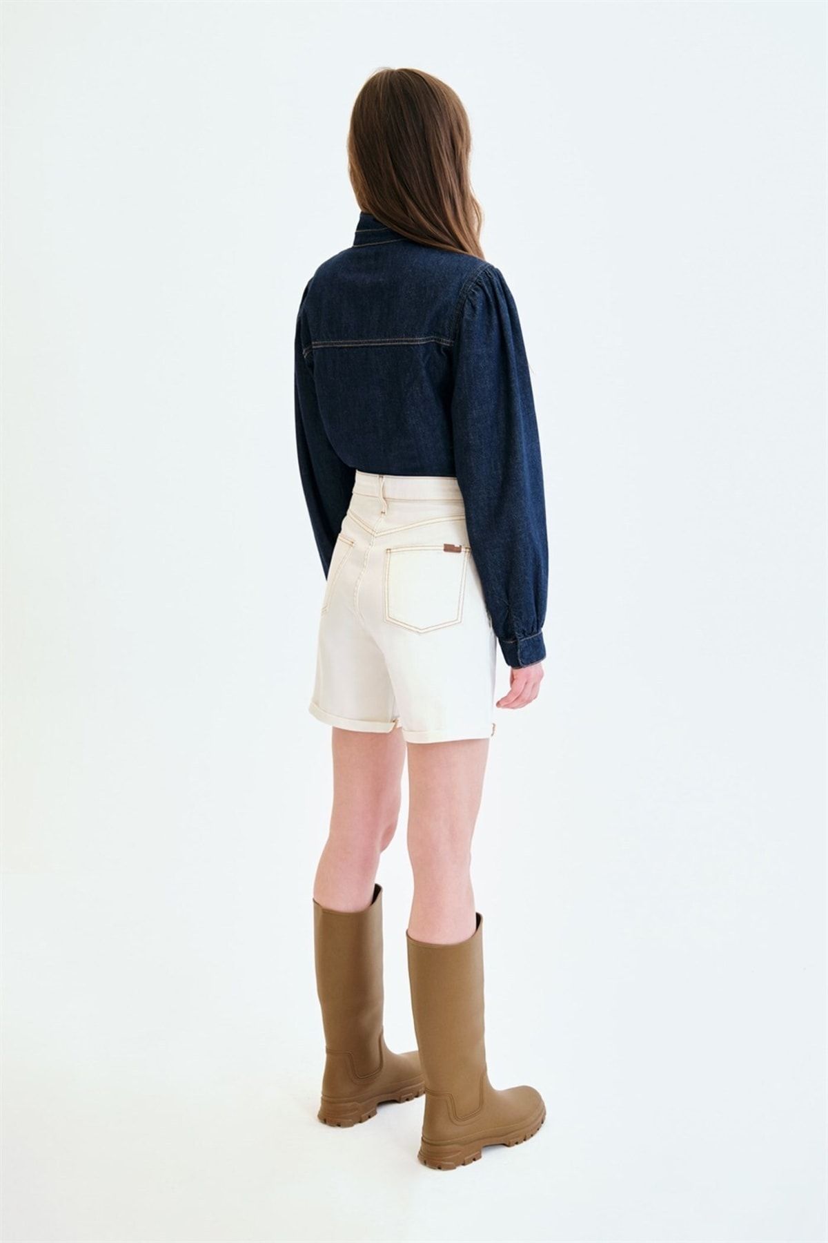 Rahat/Relaxed Fit Balon Kol Rinse Koyu İndigo Kadın Jean Gömlek