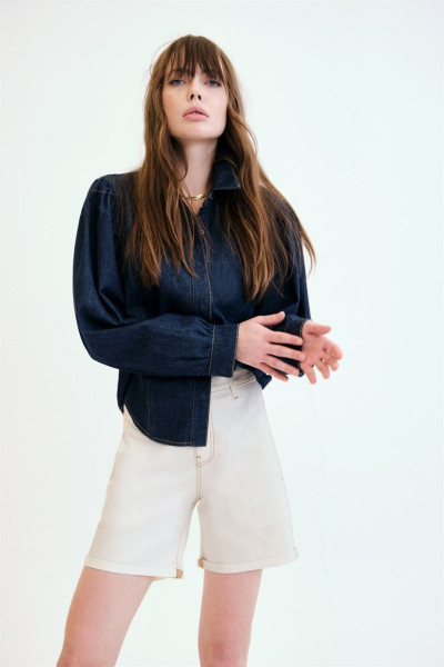 Rahat/Relaxed Fit Balon Kol Rinse Koyu İndigo Kadın Jean Gömlek