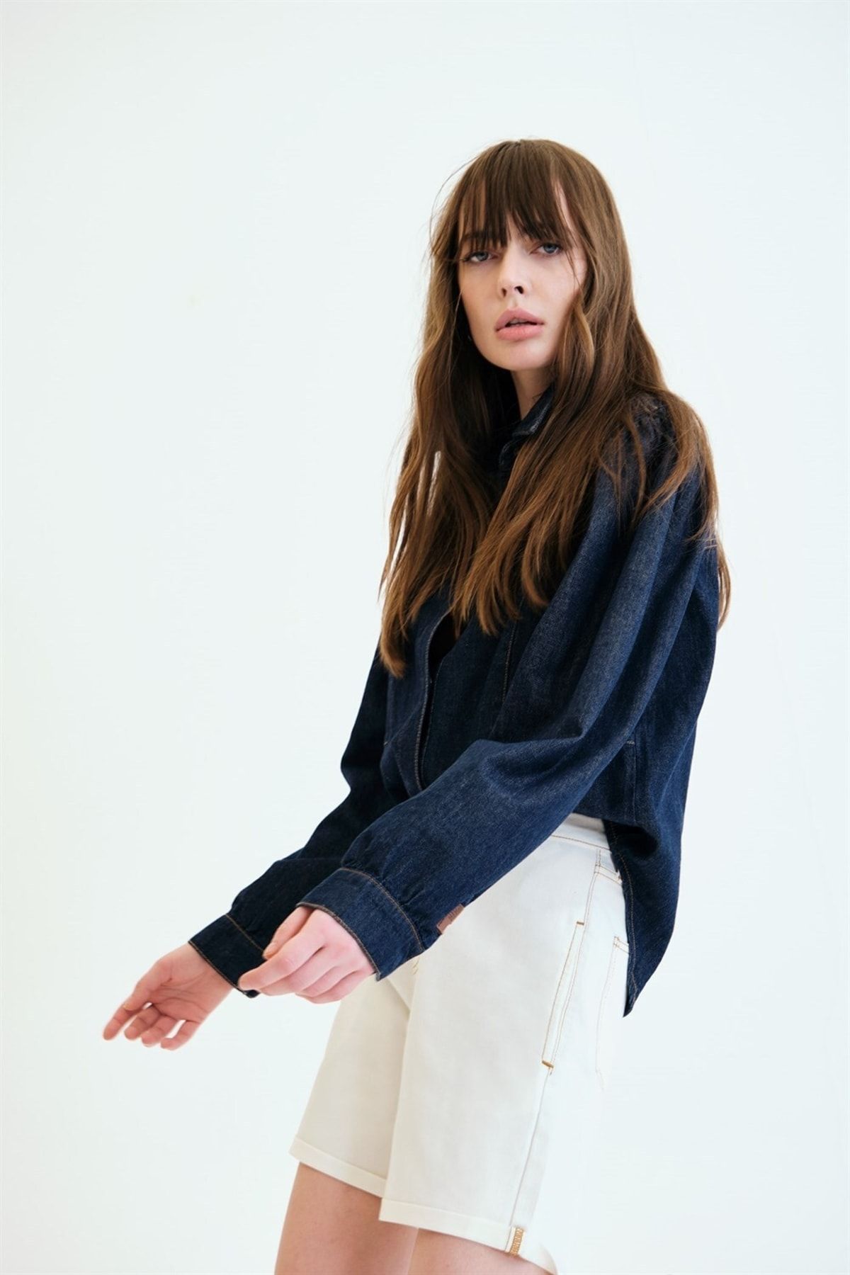 Rahat/Relaxed Fit Balon Kol Rinse Koyu İndigo Kadın Jean Gömlek