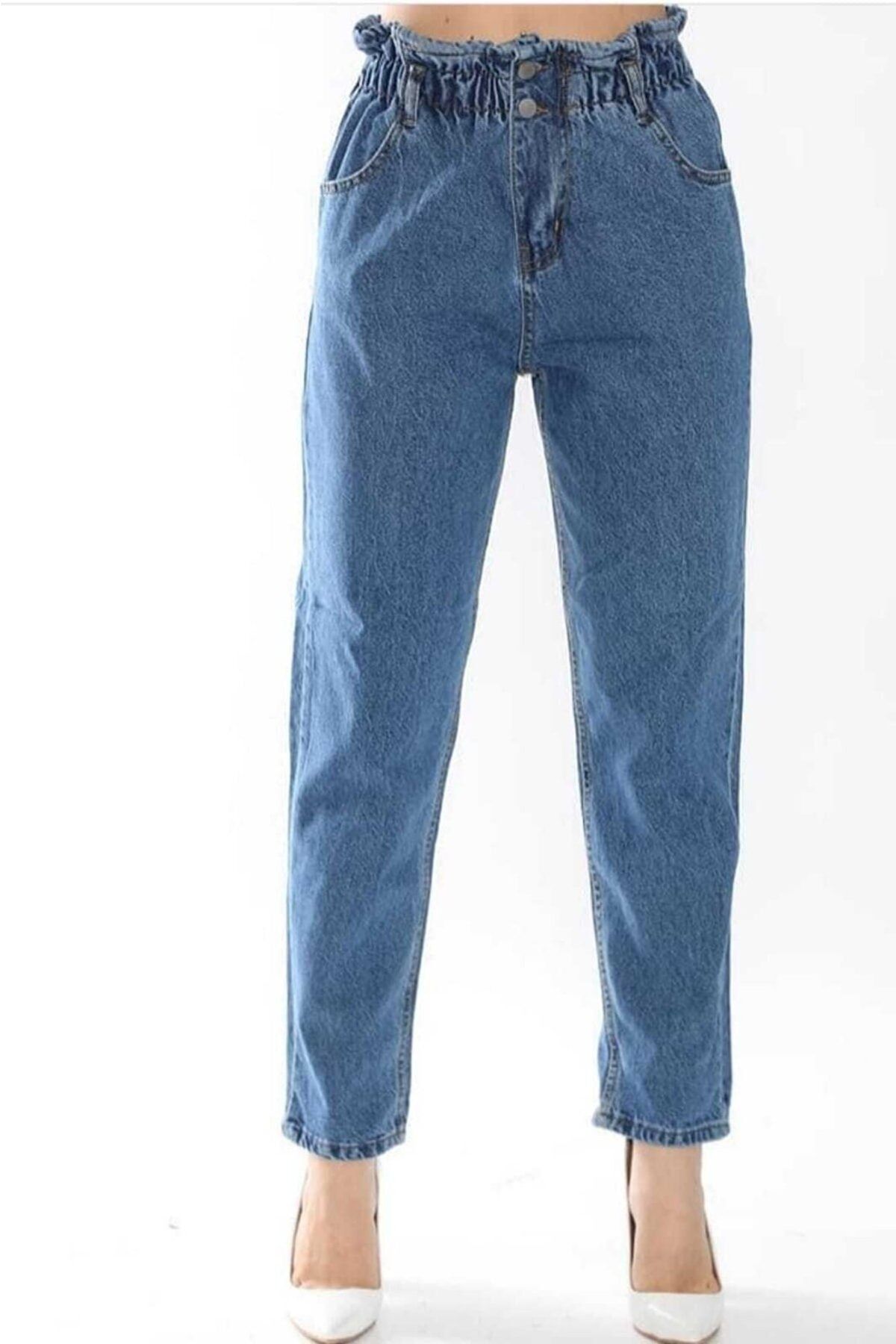 Sara Kadın Mavi Beli Lastikli Boyfriend Kot Pantolon Beli Büzgülü Mom Jean Sara Kadın Mavi Beli Lastikli Boyfriend Kot Pantolon Beli Büzgülü Mom Jean
