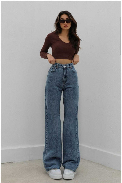 Taiti Likralı Salaş Kadın Mavi Süper Yüksek Bel Salaş Paça Denim Kot Pantolon Taiti Likralı Salaş Kadın Mavi Süper Yüksek Bel Salaş Paça Denim Kot Pantolon