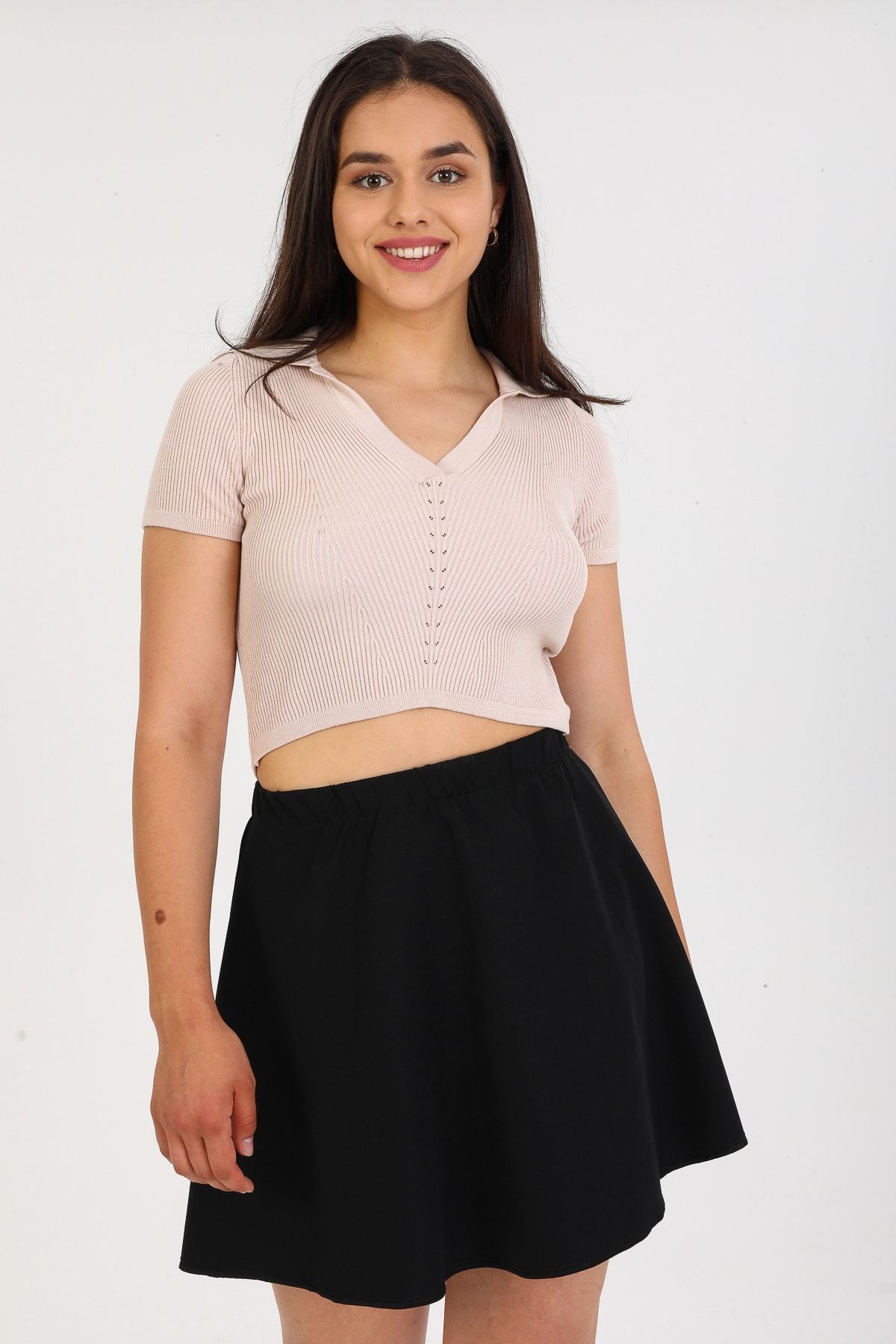 Siyah Basic Etek Kloş Mini Beli Lastikli G084-2 Siyah Basic Etek Kloş Mini Beli Lastikli G084-2