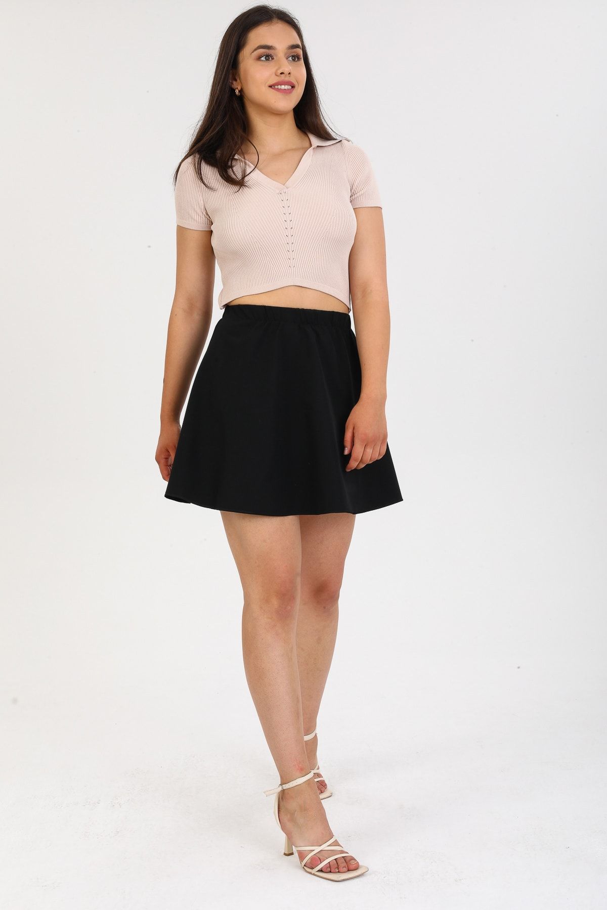 Siyah Basic Etek Kloş Mini Beli Lastikli G084-2 Siyah Basic Etek Kloş Mini Beli Lastikli G084-2
