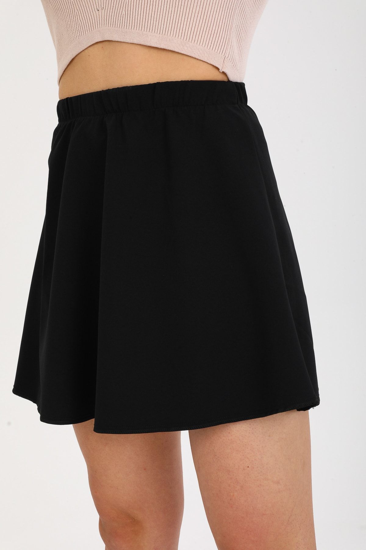 Siyah Basic Etek Kloş Mini Beli Lastikli G084-2 Siyah Basic Etek Kloş Mini Beli Lastikli G084-2