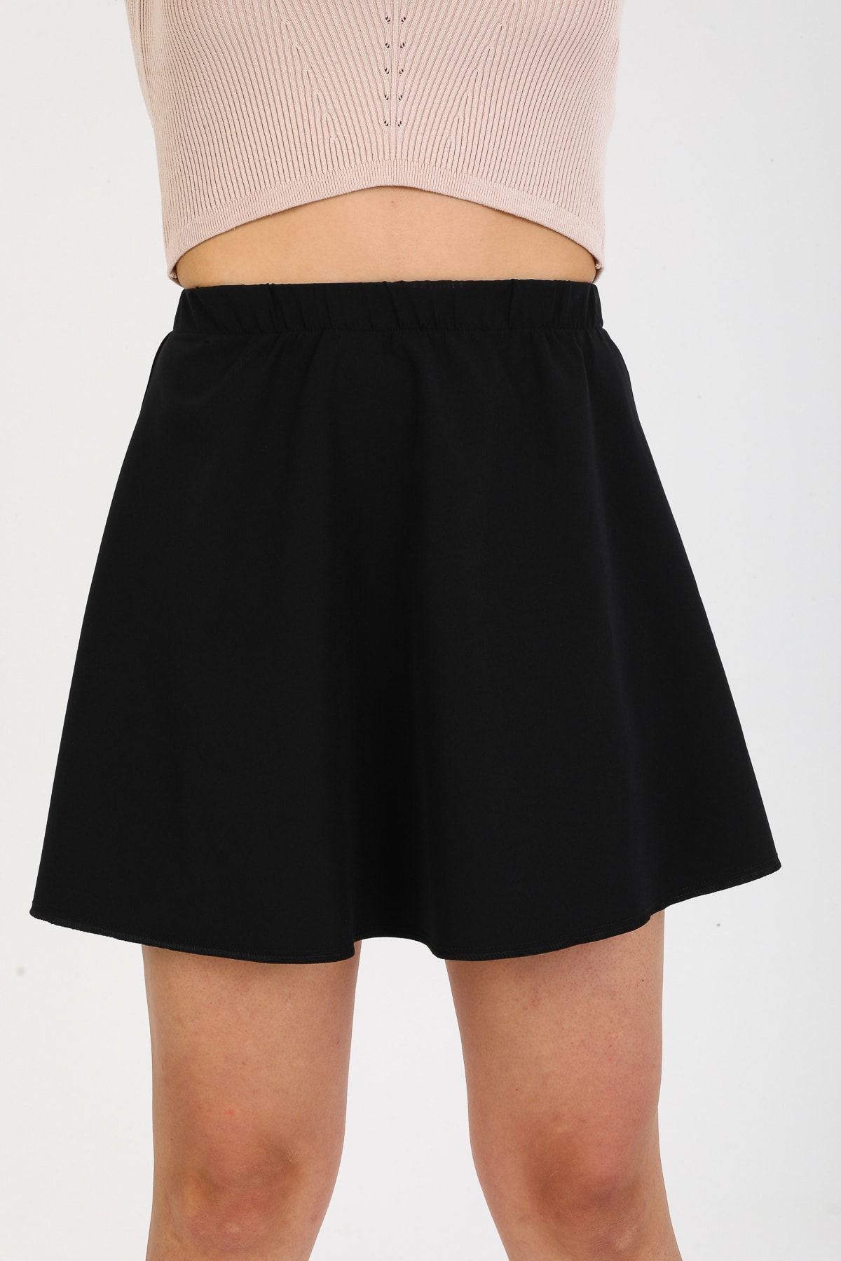 Siyah Basic Etek Kloş Mini Beli Lastikli G084-2 Siyah Basic Etek Kloş Mini Beli Lastikli G084-2